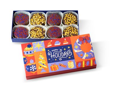 Merry Christmas Milk Chocolate Covered Chocolate Sandwich Cookies, Custom 8 Pc. Gift Basket, Fresh Hand Decorated Assortment, Sweet Multi-Layered Sandwich Treats for Kids and Adults (Blue, Red &amp; Gold)