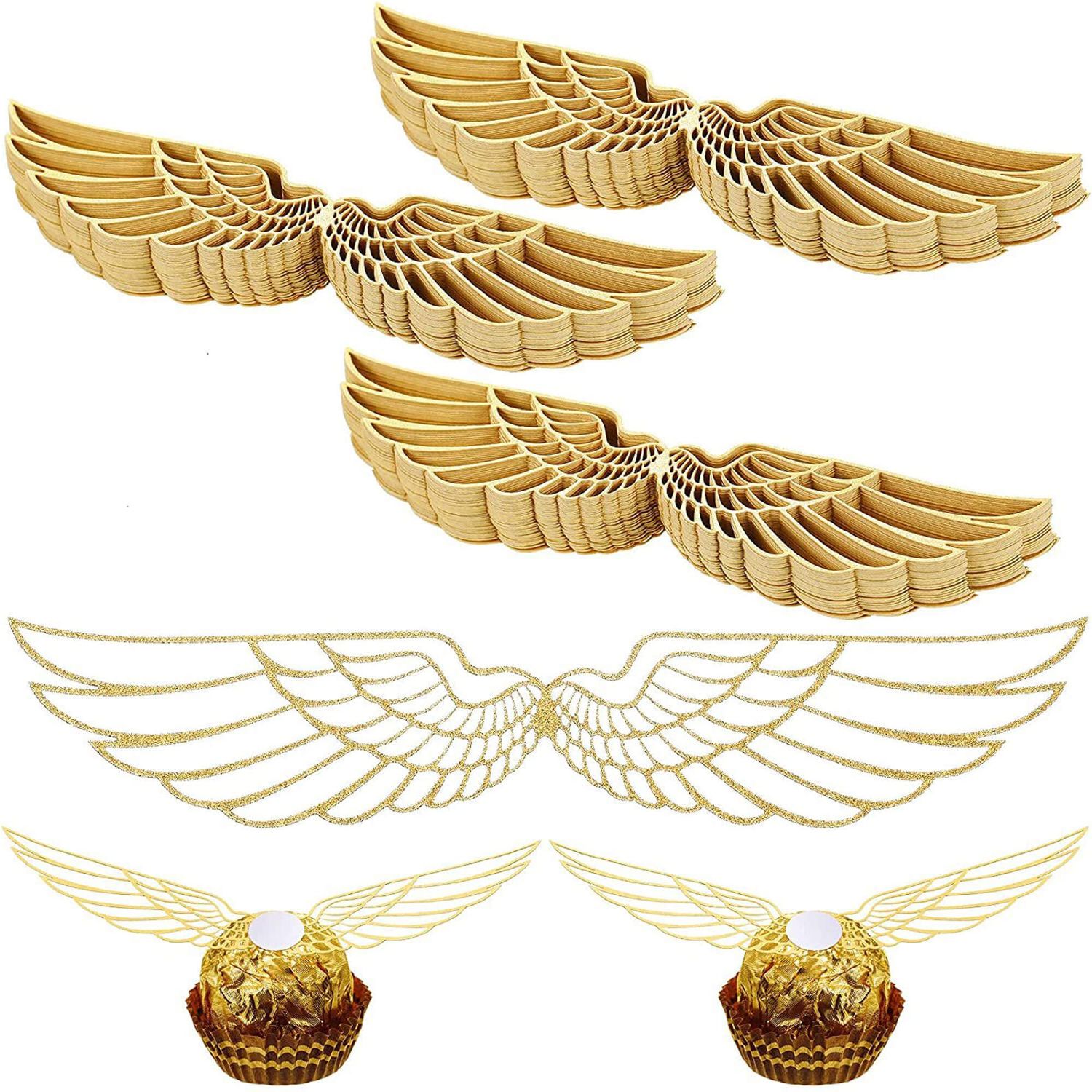 UXYOKM 50Pcs Chocolate Cupcake Toppers Gold Glitter Wing Cupcake Picks Wizard Party Decoration Hollowed Decoration for Birthday Party Supplies