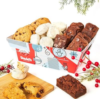 Davids Cookies Holiday Cookie Gift Basket in Winterwonderland Crate - Deliciously Flavored Cookies - Gourmet Chocolate Chunk Cookies, Butter Pecan Meltaways, and Chocolate Chip Brownies