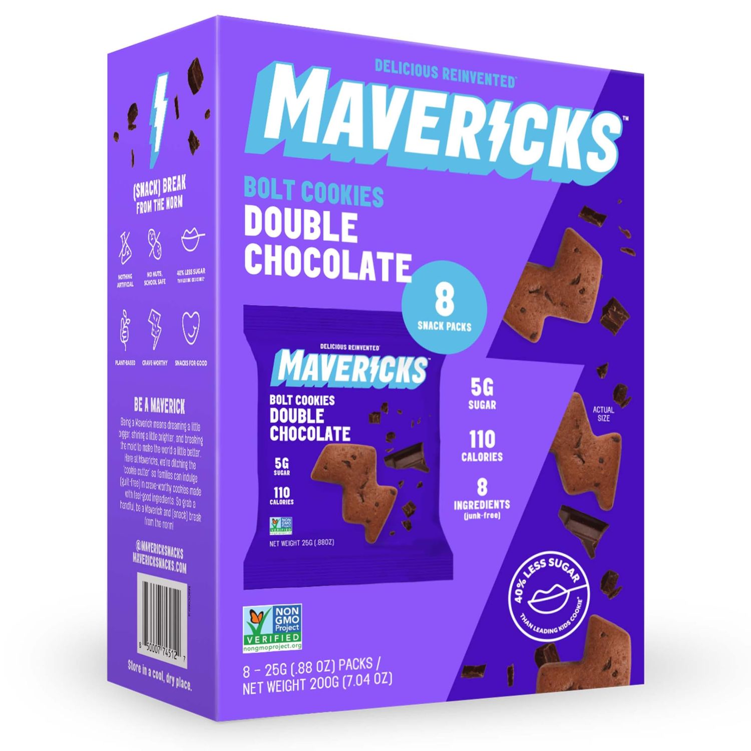 Mavericks Double Chocolate Bolt Cookies - Healthy Cookies, Dairy Free Cookies, Vegan Friendly Chocolate Chip Cookies, Plant Based Snack for Kids, Nut Free, 40% Less Sugar - 1 Box (8 Snack Packs)