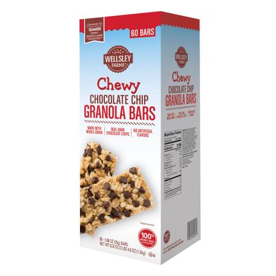 Wellsley Farms Chewy Chocolate Chip Granola Bars, 60 Count (3 lbs 4.8 oz) - 110 Calories Per Bar, Made with Whole Grain &amp; Real Dark Chocolate Chips, No Artificial Flavors