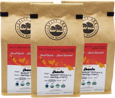 3 Pack Organic Sumatra Coffee Gourmet Medium Roast Chocolate Espresso Beans, Hand Roasted 12 Oz, Whole Beans, Cold Brew, Indonesian Espresso Shots, Fair Trade Certified.