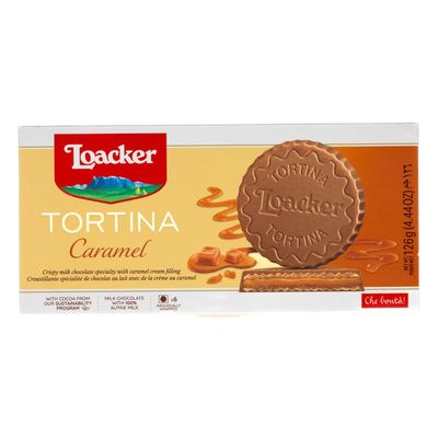 Loacker Tortina Caramel - Individually Wrapped Premium Milk Chocolate Enrobed Crispy Wafer Tartlets with Caramel Cream Filling - Pack of 12