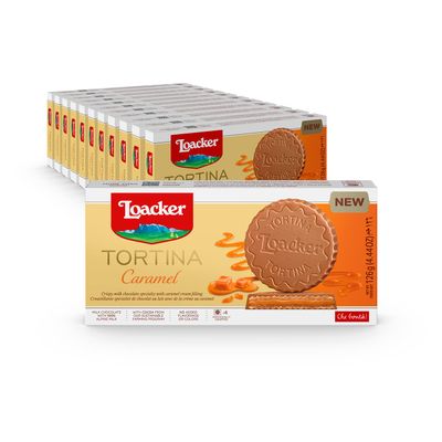 Loacker Tortina Caramel - Individually Wrapped Premium Milk Chocolate Enrobed Crispy Wafer Tartlets with Caramel Cream Filling - Pack of 12