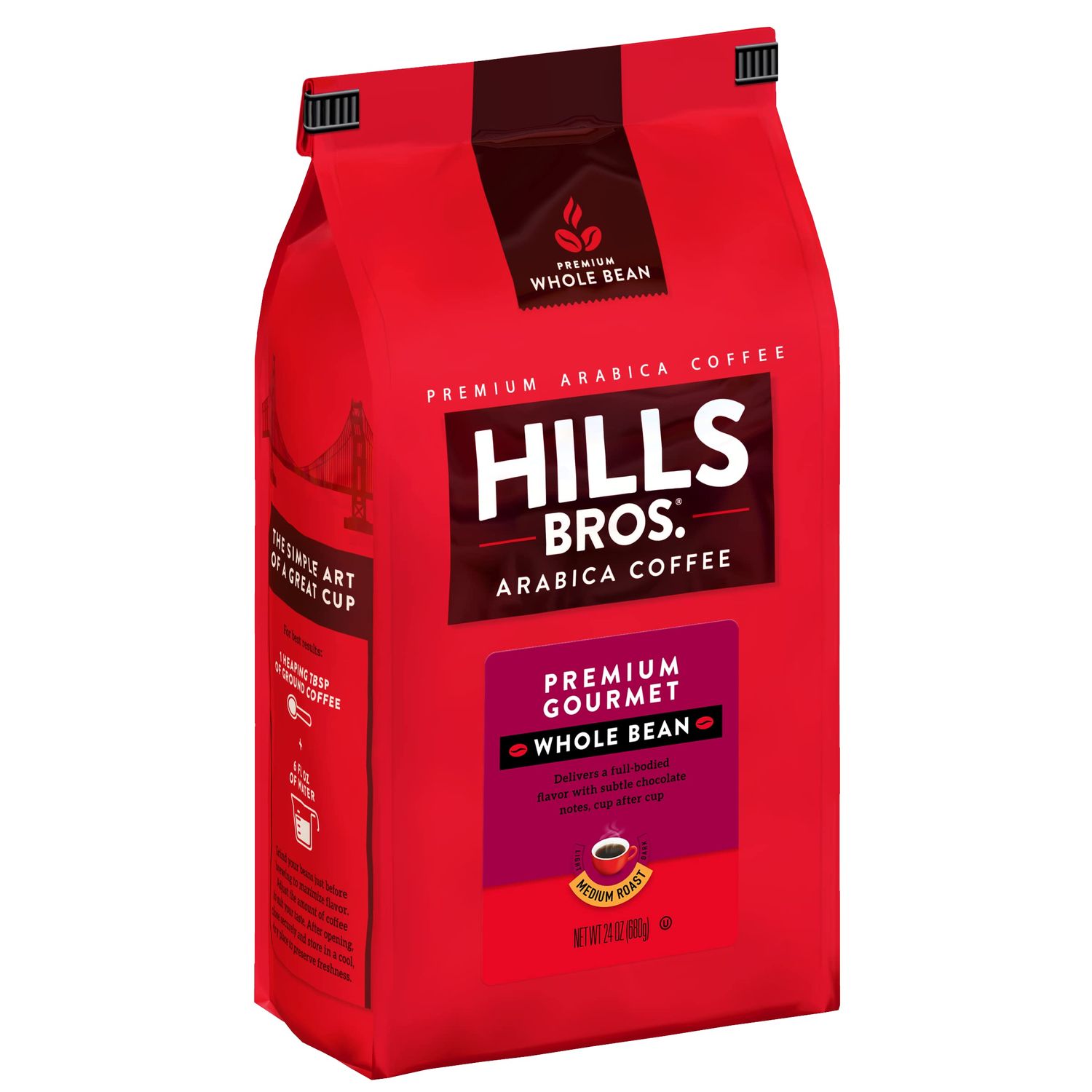 Hills Bros. Gourmet Whole Bean Coffee Medium Roast - Arabica Coffee Beans - Smooth Full-Bodied Medium Blend Coffee With Subtle Chocolate Notes (24 Oz. Bag)