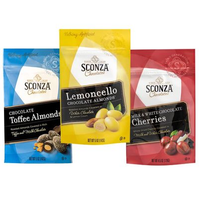 Sconza Candy Fan Favorite Mix Pack 3 Pack | Lemoncello Almonds Pack of 1 (5oz), Milk &amp; White Chocolate Cherries Pack of 1 (4.5oz), Chocolate Toffee Almonds Pack of 1 (5oz)