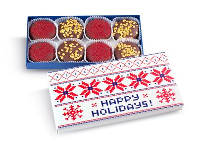 Merry Christmas Milk Chocolate Covered Chocolate Sandwich Cookies, Custom 8 Pc. Gift Basket, Hand Decorated Assortment, Multi-Layered Sandwich Treats for Kids and Adults (Red, White &amp; Blue)