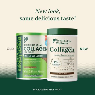 Great Lakes Wellness Collagen Peptides Powder for Skin, Hair, Nails, Joints &amp; Digestion - Chocolate Flavored - Quick Dissolve Hydrolyzed, Non-GMO, Kosher - 10 oz - Packaging May Vary