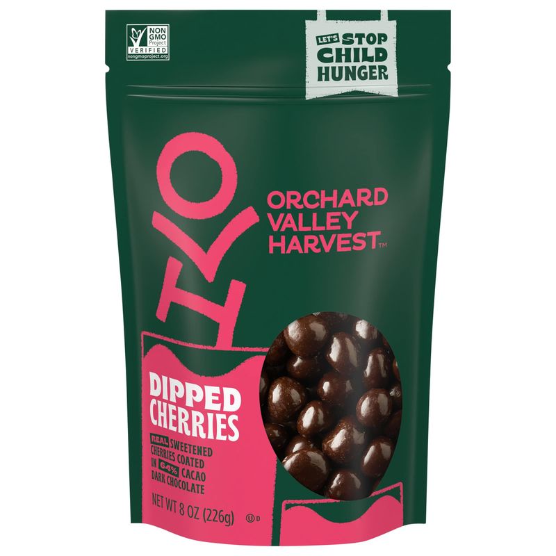Orchard Valley Harvest Dark Chocolate Dipped Cherries, 8 oz (Pack of 1), Made With Real Cherries, Gluten Free, Non-GMO, No Artificial Colors, Resealable Bag, Snacks for Adults &amp; Kids