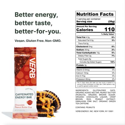 Verb Energy - Chocolate Peanut Butter Cup Caffeinated Snack Bars - 110-Calorie Energy Bar - Keto Friendly Nutrition Bars - Vegan Snacks - Gluten Free with Organic Green Tea, 26g (Pack of 16)