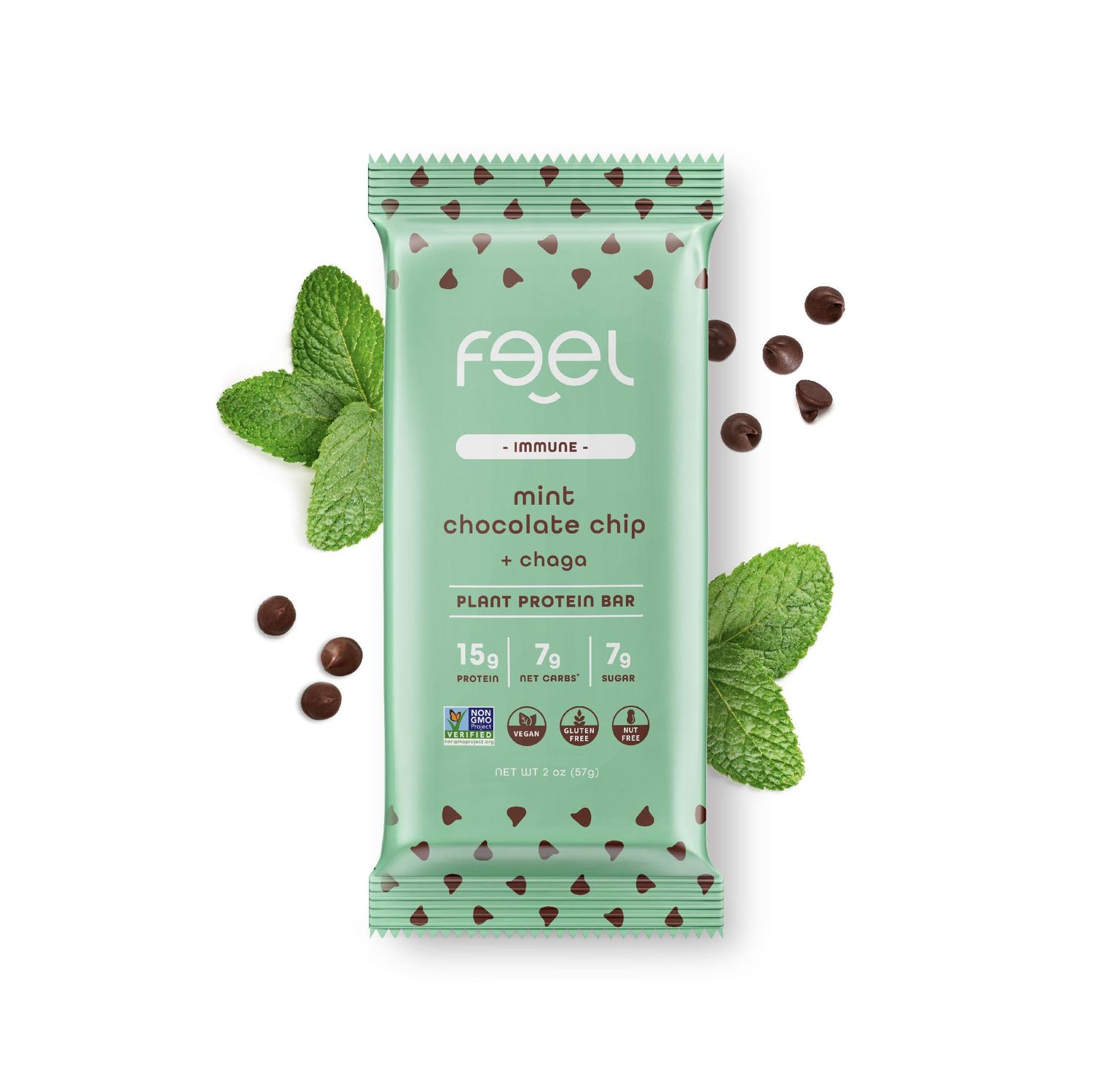 Feel Vegan Protein Bars | Mint Chocolate Chip | Keto | Gluten Free | Organic | Chaga Mushroom | 15g Plant Protein | Low Carb | High Protein | Dairy Free | Low Sugar | Grain Free | Nut Free | Soy Free