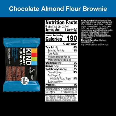 KIND Soft Baked Squares, Chocolate Almond Flour Brownies, Healthy Snacks, Good Source of Fiber, Gluten Free, 5g Protein, 6 Count