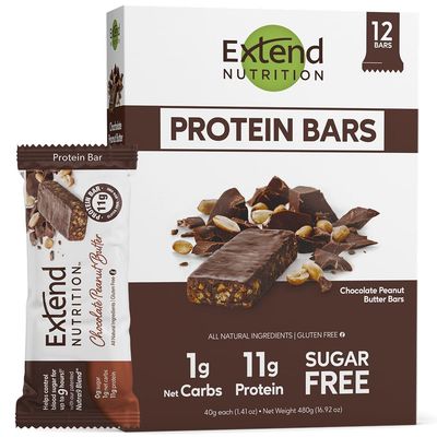 Extend Sugar Free Protein Bars, Perfect Diabetic Snacks, High Protein and Fiber, Hunger Control &amp; Steady Energy, Low Carb, Keto Friendly, Chocolate Peanut Butter, 12 Count