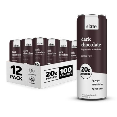 Slate Milk - High Protein Milk Shake - Dark Chocolate - Lactose Free, 20g Protein, 1g Sugar, 100 Calories, 1g Net Carbs, No Added Sugar - Natural, Breakfast Boost, Post Workout - 11 fl oz, 12 Cans