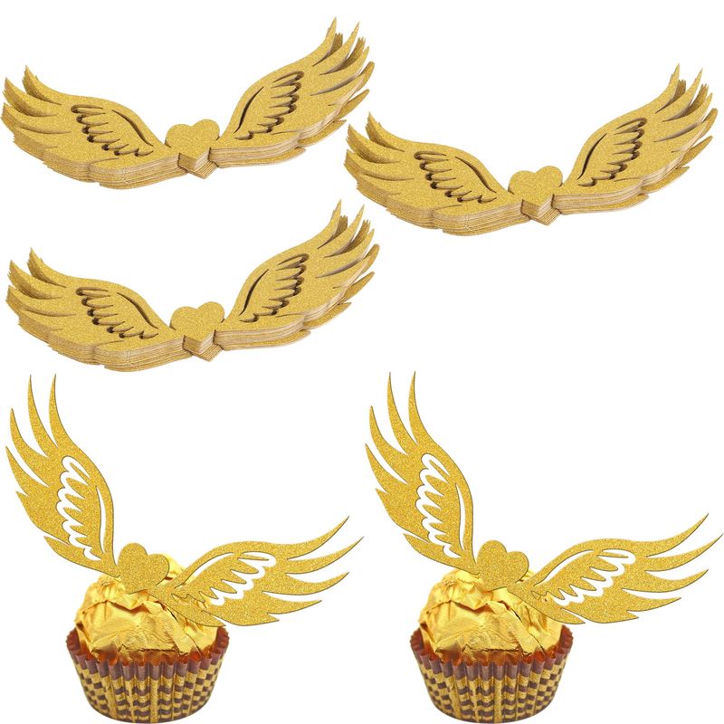 Rsstarxi 36 Pack Golden Wings Chocolate Decoration Wizard Party Chocolate Decoration Hollowed Wings Wafer Cupcake Toppers for Baby Shower Birthday Paty Cake Decorations