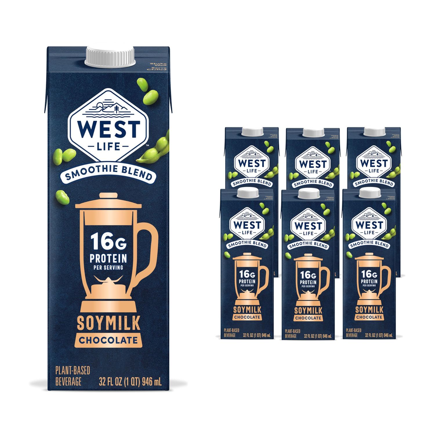 West Life Smoothie Blend Soy Milk, Chocolate, 16g of Protein, Vegan Dairy Alternative, Lactose-Free, 32oz (Pack of 6)