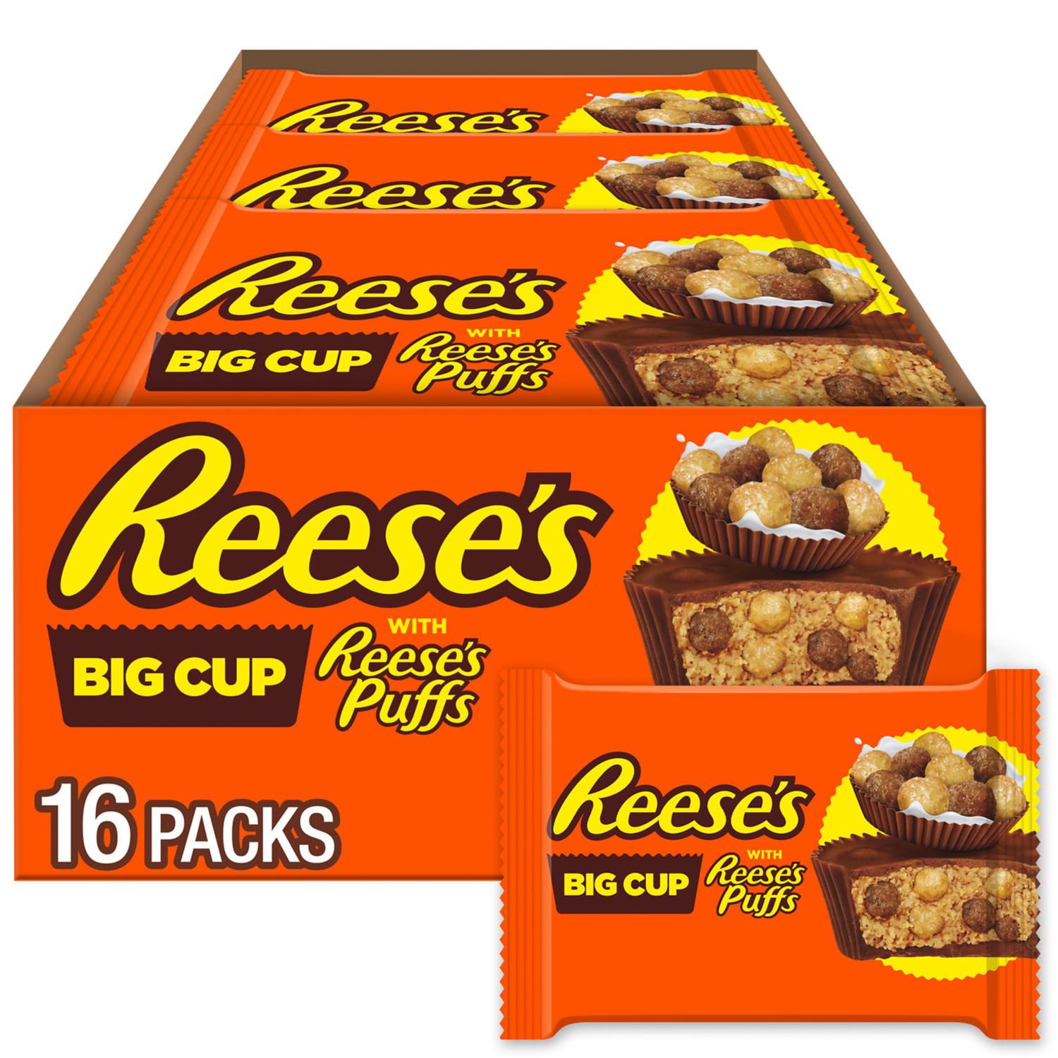 REESE&#39;S STUFFED WITH REESE&#39;S PUFFS CEREAL Big Cup Milk Chocolate Peanut Butter, Gluten Free Cups Candy Packs, 1.2 oz (16 Count)