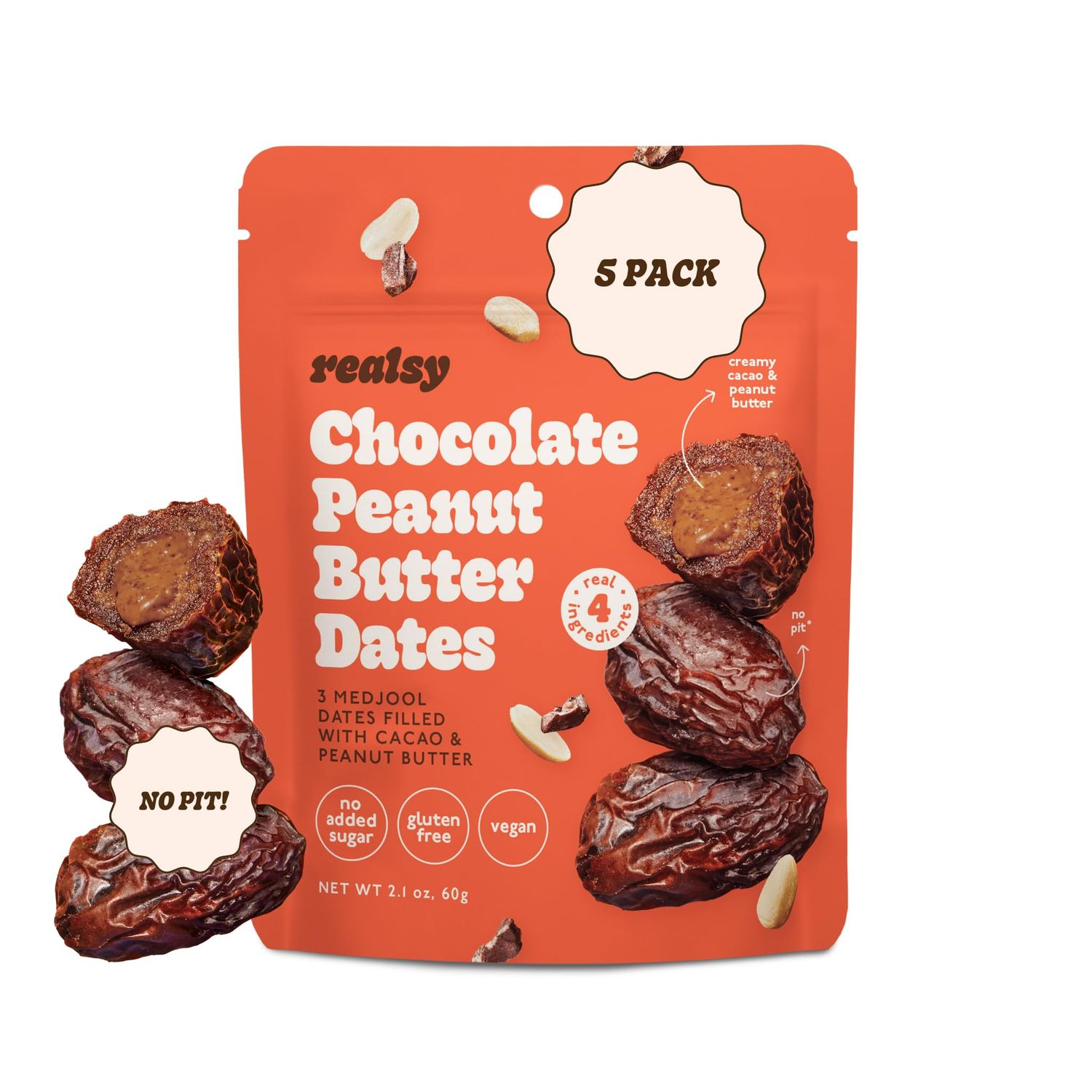 Realsy Pitted &amp; Stuffed Medjool Dates, Organic Dates with No Sugar Added, Gluten-Free, Vegan, Good Source of Fiber, Low Glycemic Index, All Natural Healthy Snack (Peanut Butter Chocolate 5 pack)