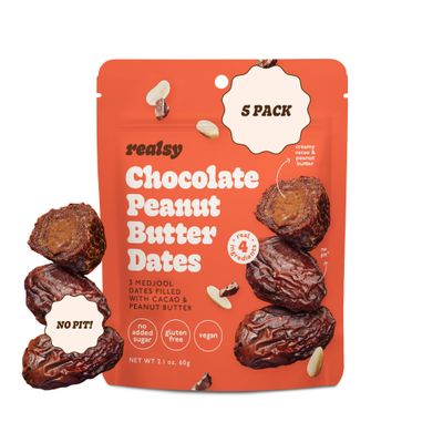 Realsy Pitted &amp; Stuffed Medjool Dates, Organic Dates with No Sugar Added, Gluten-Free, Vegan, Good Source of Fiber, Low Glycemic Index, All Natural Healthy Snack (Peanut Butter Chocolate 5 pack)