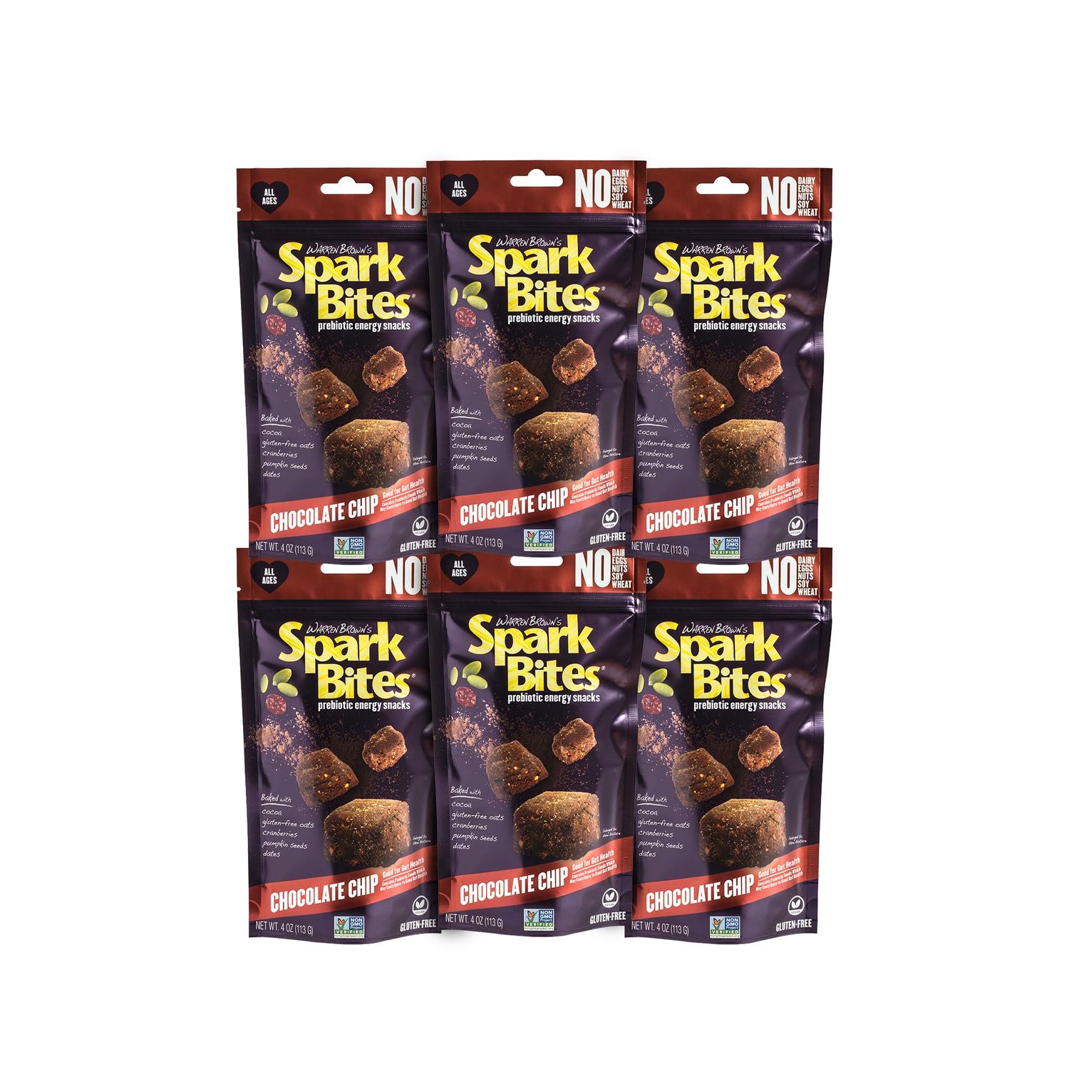 SPARK BITES - Chocolate Chip (Pack of 6) Allergen Free Vegan Healthy Energy Snack - A Steady Release of Wholesome Energy with NONE OF THE TOP 9 ALLERGENS - Vegan, Non-GMO, Gluten-Free