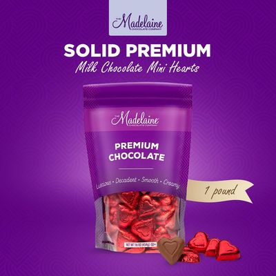 Madelaine Chocolate Company Solid Premium Milk Chocolate Mini Hearts - American-Made, Swiss-Formulated - Individually Wrapped in Red Foil, 16oz