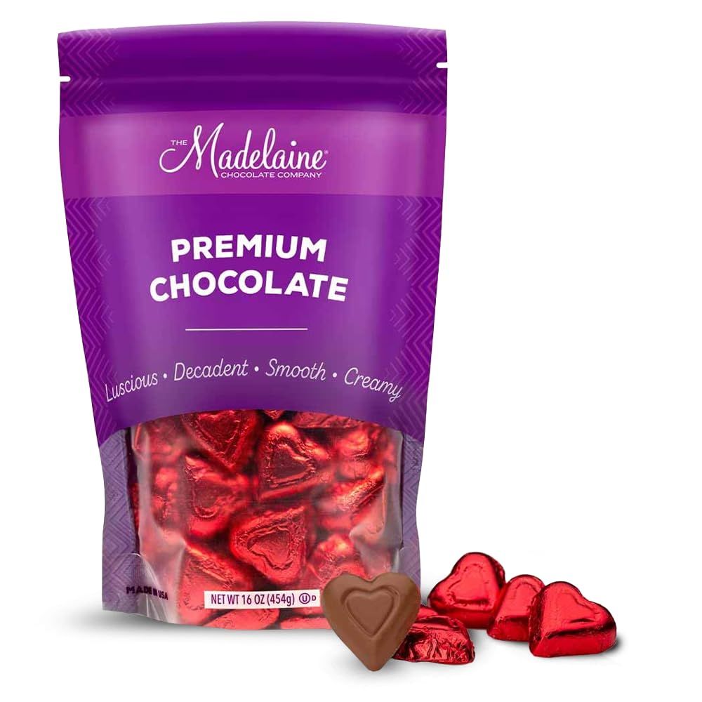 Madelaine Chocolate Company Solid Premium Milk Chocolate Mini Hearts - American-Made, Swiss-Formulated - Individually Wrapped in Red Foil, 16oz