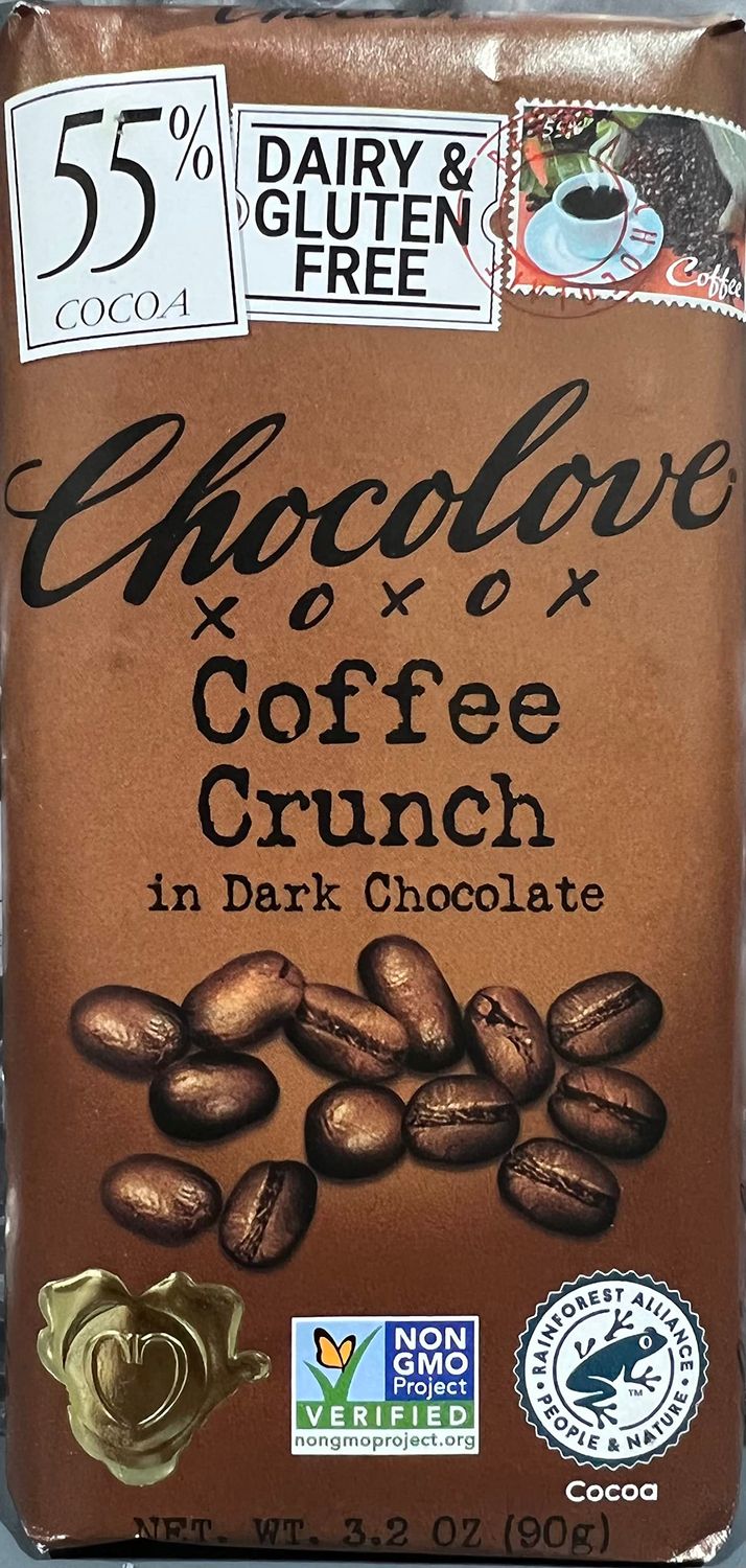 Chocolove Coffee Crunch in Dark Chocolate, 55% Cacao | Pack of 6 | Non GMO, Rainforest Alliance Certified Cacao | 3.2oz Bar