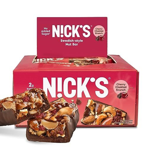 NICK&#39;S Nut Snack Bars. Low Sugar, 3g Net Carbs, Vegan (Cherry Chocolate, Pack of 12)