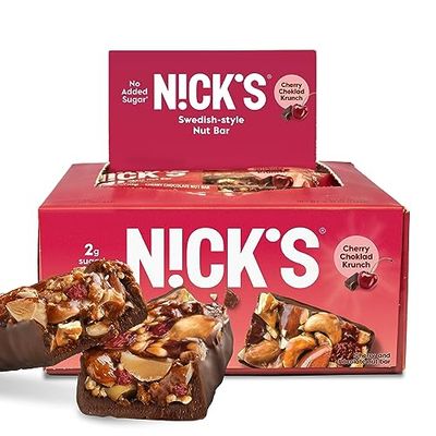 NICK&#39;S Nut Snack Bars. Low Sugar, 3g Net Carbs, Vegan (Cherry Chocolate, Pack of 12)