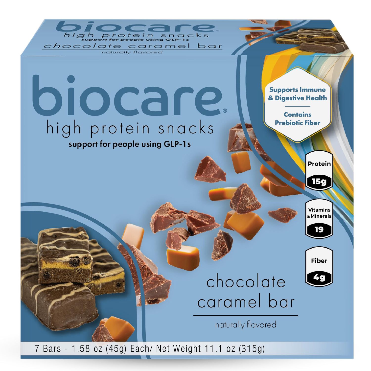 Biocare High Protein Snack Bar for GLP-1 Users, Provides 15g Essential Protein, 19 Vitamins/Minerals, 4g Dietary Fiber, Chocolate Caramel (7 Count)