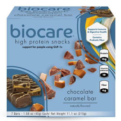 Biocare High Protein Snack Bar for GLP-1 Users, Provides 15g Essential Protein, 19 Vitamins/Minerals, 4g Dietary Fiber, Chocolate Caramel (7 Count)