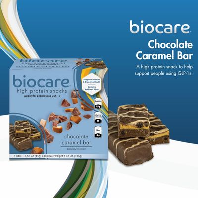 Biocare High Protein Snack Bar for GLP-1 Users, Provides 15g Essential Protein, 19 Vitamins/Minerals, 4g Dietary Fiber, Chocolate Caramel (7 Count)