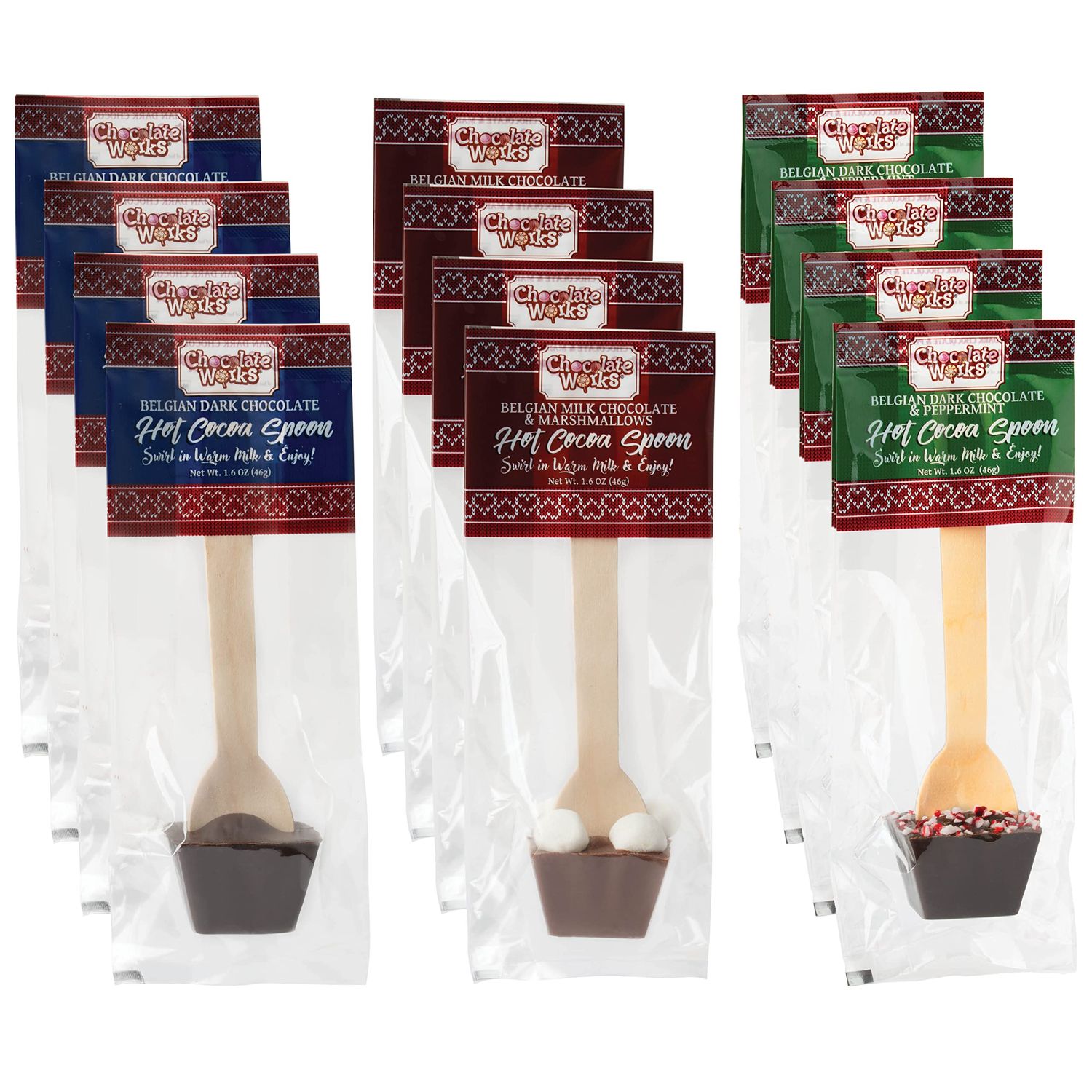 Hot Chocolate Spoons by Chocolate Works, Flavor Variety Pack - Belgian Dark Chocolate, Milk Chocolate &amp; Marshmallows, Peppermint, Cocoa Bomb for Hot Chocolate
