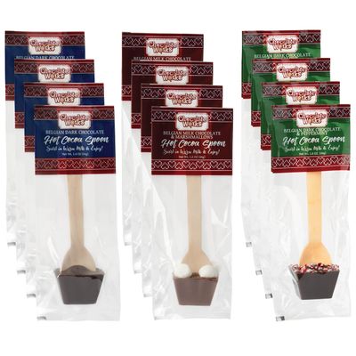 Hot Chocolate Spoons by Chocolate Works, Flavor Variety Pack - Belgian Dark Chocolate, Milk Chocolate &amp; Marshmallows, Peppermint, Cocoa Bomb for Hot Chocolate