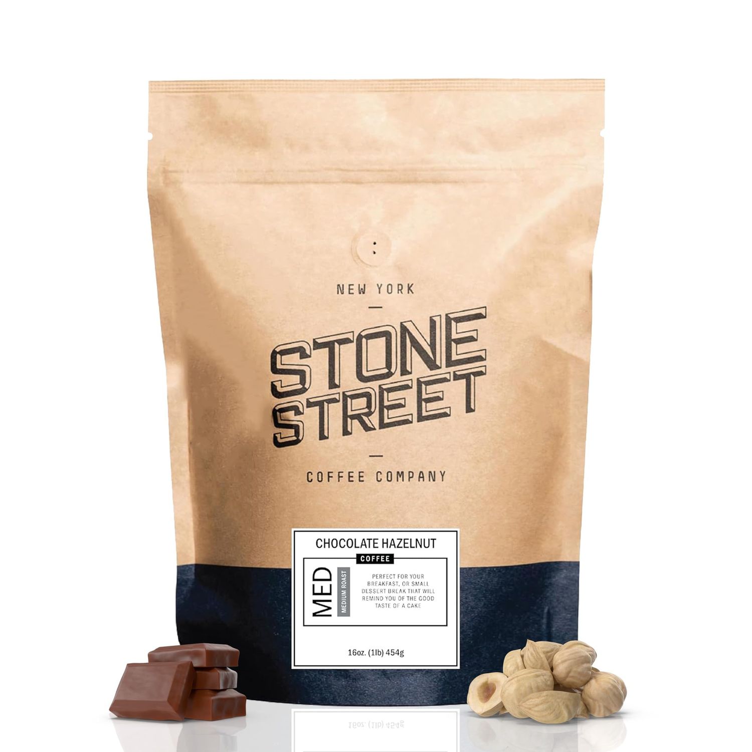 Stone Street Flavored Ground Coffee, Chocolate Hazelnut, Freshly Roasted, 100% Colombian Arabica, Gourmet Coffee, Medium Roast, Sweet Chocolately Nutty Flavor, 1 LB