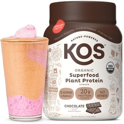 KOS Plant Based Protein Powder, Chocolate USDA Organic - Low Carb Pea Protein Blend, Vegan Superfood with Vitamins &amp; Minerals - Keto, Soy, Dairy Free - Meal Replacement for Women &amp; Men - 15 Servings