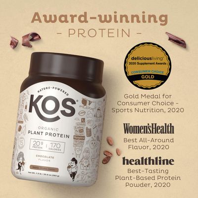 KOS Plant Based Protein Powder, Chocolate USDA Organic - Low Carb Pea Protein Blend, Vegan Superfood with Vitamins &amp; Minerals - Keto, Soy, Dairy Free - Meal Replacement for Women &amp; Men - 15 Servings