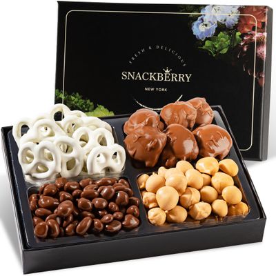 Christmas Gourmet Chocolate Gift Platter - Assorted Treats with Chocolate Pecan, Maple Nuts, Yogurt Pretzels &amp; Chocolate Raisins - Perfect Holiday, Birthday &amp; Corporate Gift Box