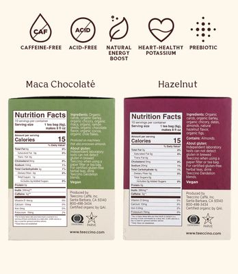 Teeccino Caffeine Free Organic Herbal Coffee 2 Flavor Variety Bundle, 1 each: Hazelnut Medium Roast , and Maca Chocolate (10 Count)
