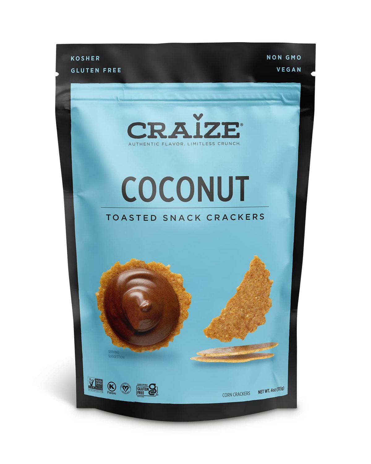 Craize Coconut Crisps | Gluten Free, Vegan, Kosher, Toasted Corn Crackers | 4 oz each