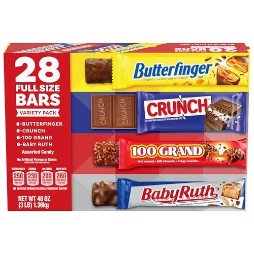 Butterfinger, CRUNCH, Baby Ruth and 100 Grand, Bulk 28 Pack, Assorted Full Size Chocolate Candy Bars, Stocking Stuffers, 48 oz