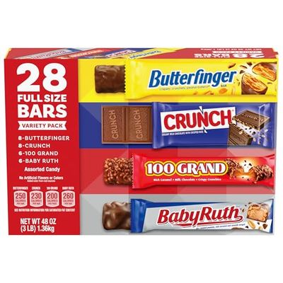 Butterfinger, CRUNCH, Baby Ruth and 100 Grand, Bulk 28 Pack, Assorted Full Size Chocolate Candy Bars, Stocking Stuffers, 48 oz