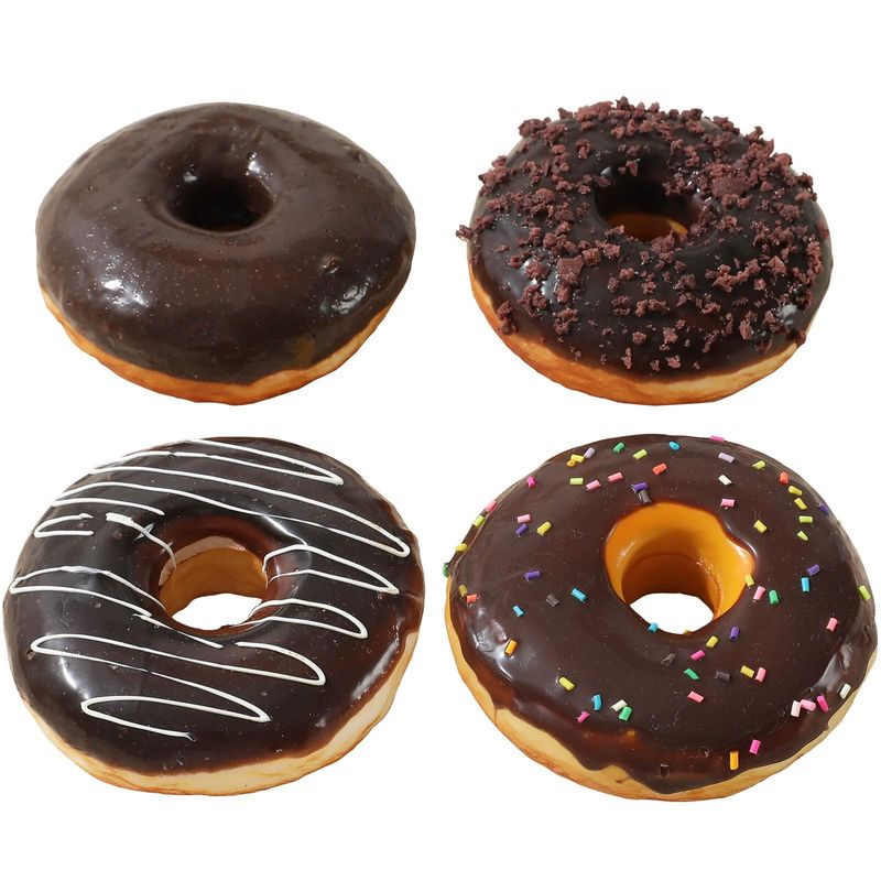 Joeabor Fake Donut Pack of 4 Artificial Chocolate Doughnut for Decoration Realistic Fake Food for Display Faux Dessert Party Decorations Photography Props
