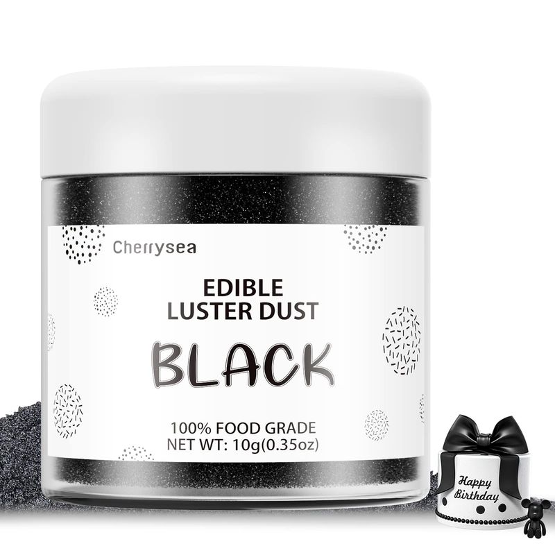 Black Edible Luster Dust 10 Grams, Food Grade Cake Luster Dust Tasteless Dessert Dusting Powders for Baking Cherrysea Food Coloring Powder for Cupcakes, Cake Pops,Fondant,Chocolate, Candy