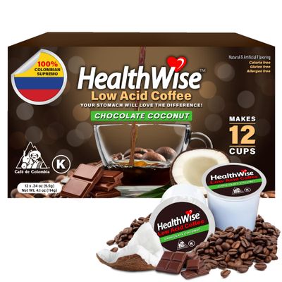 Healthwise Low Acid Coffee K-Cups - Soothe Acid Reflux &amp; Heartburn, Gentle on Sensitive Stomachs, Eases Digestive Discomfort - Chocolate Coconut Flavor - 12 Count (Pack of 1)