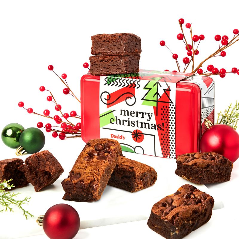 David's Cookies Merry Christmas Chocolate Chip Brownies in Sweet Sampler Tin - Gourmet Chocolate Chip Brownies - Freshly Baked Holiday Treats - Sweet Sampler Tin for Gifting - Festive Bakery Snack Box