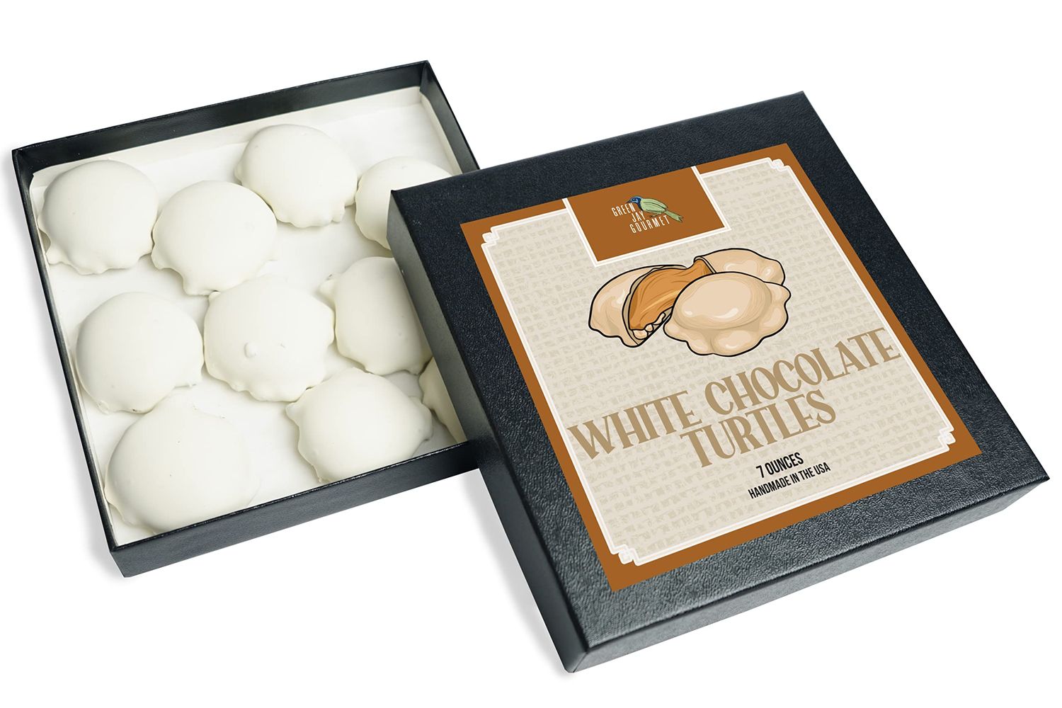 Green Jay Gourmet White Chocolate Turtles - Sweet White Chocolate Covered Pecans &amp; Caramel Delights - Premium Birthday, Valentine's Day, Holiday, Christmas Candy Gifts - Handmade in the USA, 7oz Box