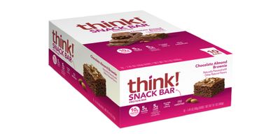 think! Protein Bars with Chicory Root for Fiber, Digestive Support, Gluten Free with Whey Protein Isolate, Chocolate Almond Brownie, Snack Bars without Artificial Sweeteners, 1.4 Oz (10 Count)