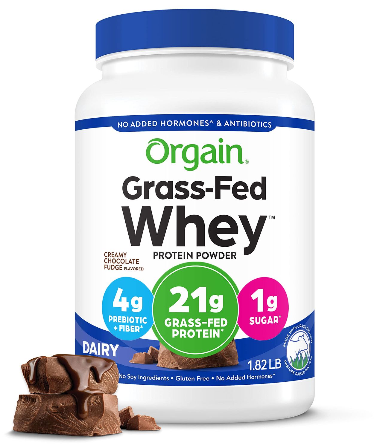 Orgain Whey Protein Powder, Creamy Chocolate Fudge - 21g Grass Fed Dairy Protein, 5g BCAAs, 4g Prebiotic Fiber, No Sugar Added, No Added Hormones, Gluten Free, Kosher, For Shakes &amp; Smoothies - 1.82lb