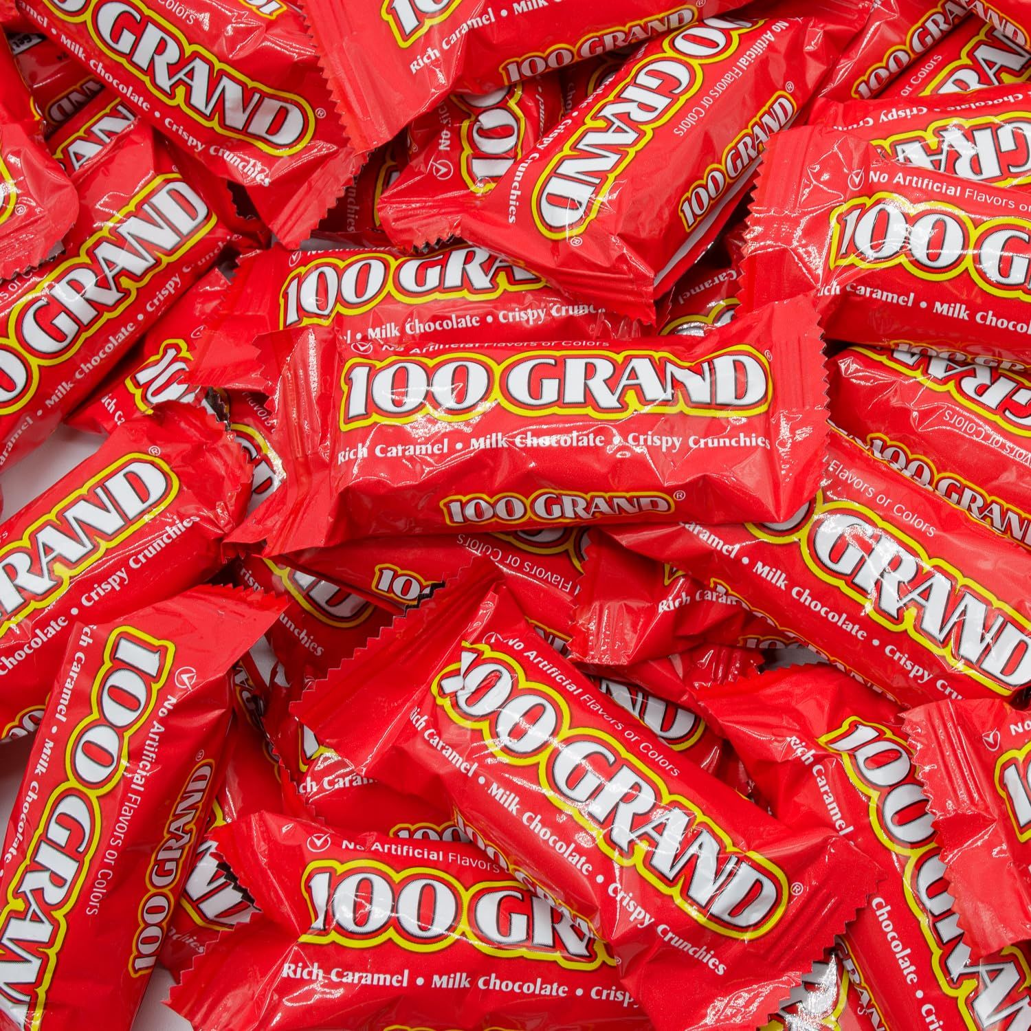 Fun Size Candy Bars 100 GRAND 1 lb - Bulk Candy, Resealable Bag, Milk Chocolate, Caramel with Crispy Rice, Individually Wrapped (20 Pieces)
